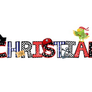 May include: The name "CHRISTIAN" is spelled out in colorful letters with a pirate theme. Each letter has a different pattern, including stripes, polka dots, and skulls and crossbones. A pirate hat, a treasure chest, and a parrot are included in the design.