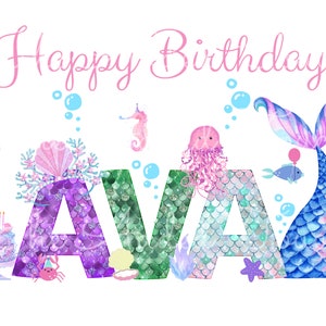 May include: Happy Birthday Ava, a mermaid-themed birthday card with a purple, green, and blue mermaid tail letter design. The card features a mermaid tail, a seahorse, a jellyfish, a crab, and a starfish.