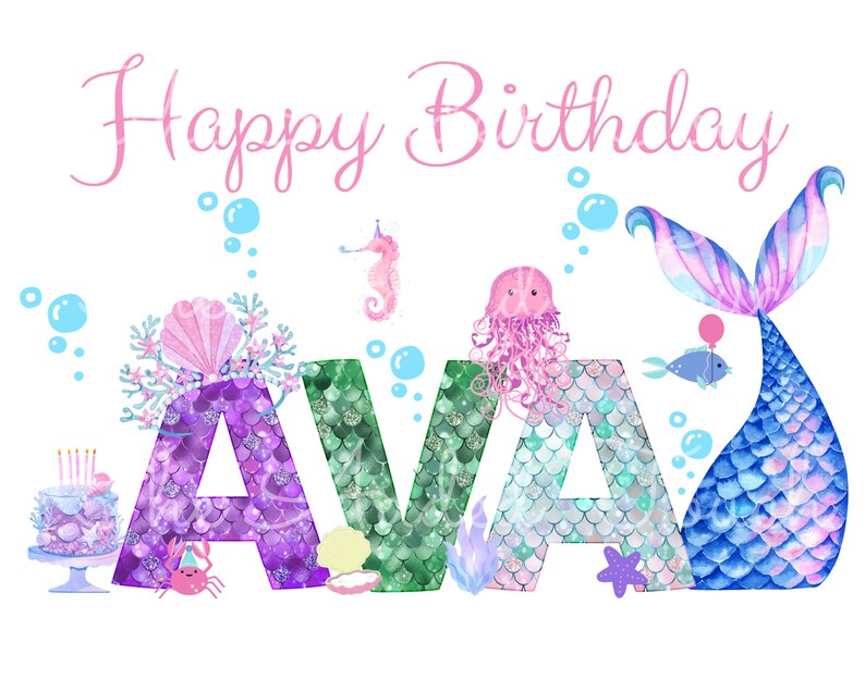 May include: Happy Birthday Ava, a mermaid-themed birthday card with a purple, green, and blue mermaid tail letter design. The card features a mermaid tail, a seahorse, a jellyfish, a crab, and a starfish.