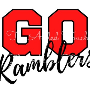 May include: Red and black graphic with the letters "GO" in large, bold, red letters with black outlines. Below the letters is the word "Ramblers" in black cursive writing.