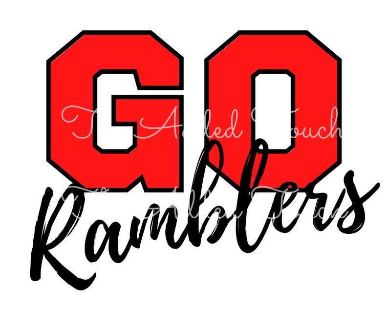 May include: Red and black graphic with the letters "GO" in large, bold, red letters with black outlines. Below the letters is the word "Ramblers" in black cursive writing.