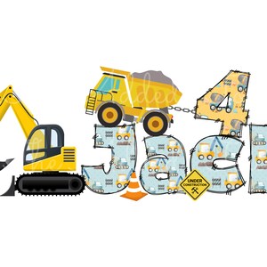 May include: A yellow excavator, a yellow dump truck, and a yellow number 4, all with construction vehicle patterns, spell out "Jack 4" with a sign that says "Under Construction".