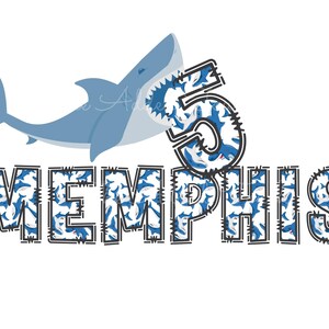 May include: A blue shark with an open mouth biting into a white number "5" with a blue shark pattern. The word "MEMPHIS" is written below the shark and number, also with a blue shark pattern.