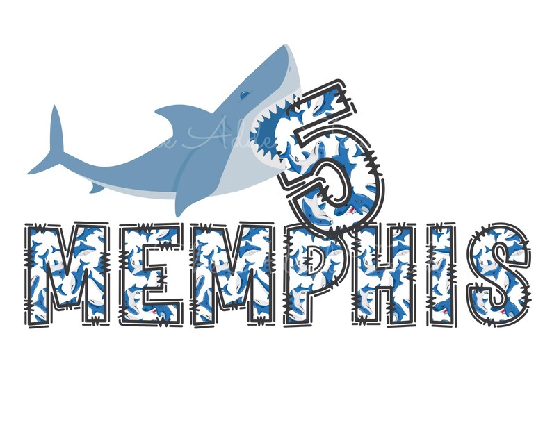 May include: A blue shark with an open mouth biting into a white number "5" with a blue shark pattern. The word "MEMPHIS" is written below the shark and number, also with a blue shark pattern.