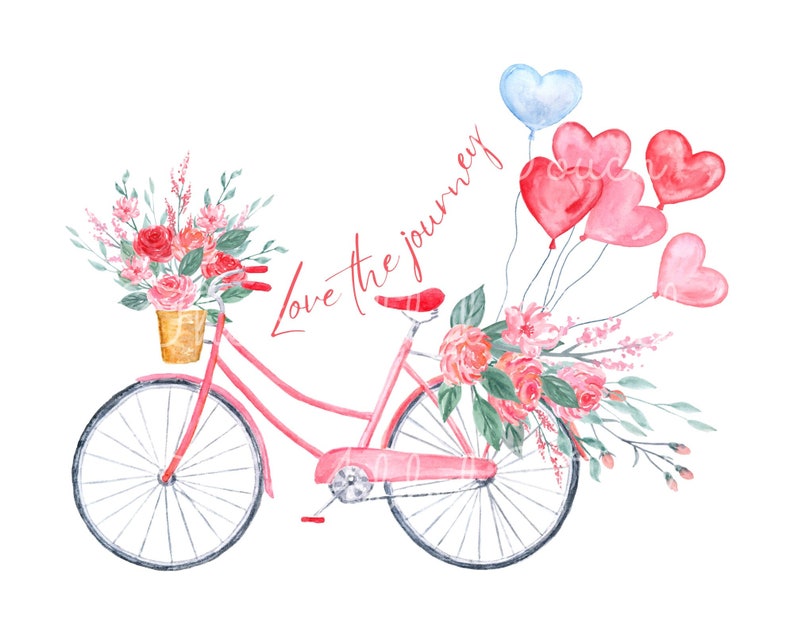 May include: A pink bicycle with a basket full of pink and red flowers. The bicycle has a blue heart balloon attached to the handlebars and several red heart balloons attached to the back. The text "Love the journey" is written in cursive on the white background.