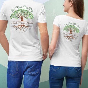 May include: White t-shirts with a green tree design and the text "Our Roots Run Deep" and "Smith Family Reunion".