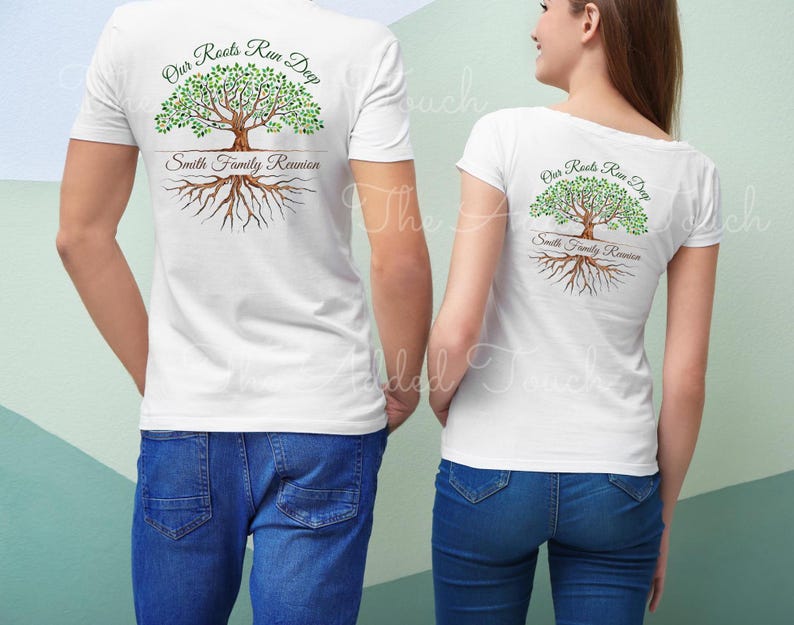 May include: White t-shirts with a green tree design and the text "Our Roots Run Deep" and "Smith Family Reunion".