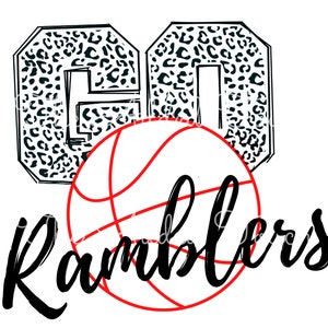 May include: Black and white leopard print number "60" with a red basketball and the word "Ramblers" in black cursive.