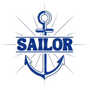 Peut inclure: Ancre bleue avec un motif de soleil &eacute;clatant et le mot "SAILOR" dans une police vintage.