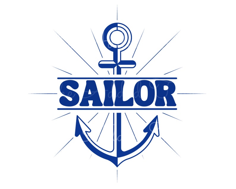 Peut inclure: Ancre bleue avec un motif de soleil &eacute;clatant et le mot "SAILOR" dans une police vintage.