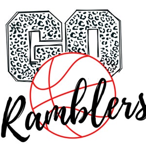May include: Black and white graphic of the number "60" with a leopard print pattern. A red basketball with black lines is in front of the number. The text "Ramblers" is written in black cursive below the basketball.