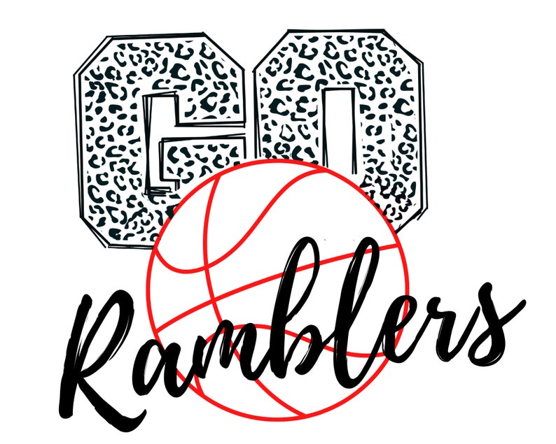 May include: Black and white graphic of the number "60" with a leopard print pattern. A red basketball with black lines is in front of the number. The text "Ramblers" is written in black cursive below the basketball.