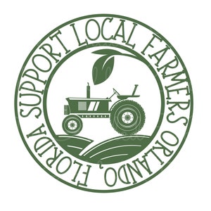 Pu&ograve; includere: Logo circolare verde con il testo "Support Local Farmers Orlando Florida" attorno al bordo. Una foglia verde e un trattore verde sono al centro.