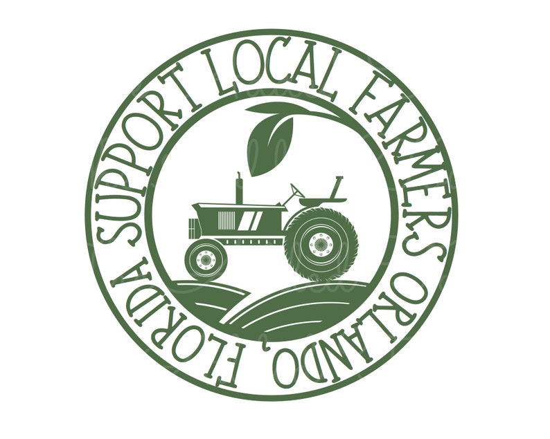 Pu&ograve; includere: Logo circolare verde con il testo "Support Local Farmers Orlando Florida" attorno al bordo. Una foglia verde e un trattore verde sono al centro.