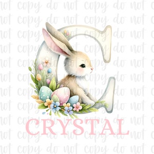 May include: A watercolor illustration of a light brown bunny rabbit sitting inside a white letter C decorated with pastel colored Easter eggs, flowers, and green leaves. The name "CRYSTAL" is written in pink below the letter.