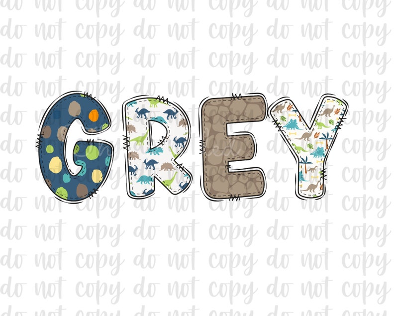 K&ouml;nnte beinhalten: Der Name GREY ist in gro&szlig;en, bunten Buchstaben geschrieben. Jeder Buchstabe besteht aus Stoff mit einem anderen Muster. Das G ist blau mit wei&szlig;en Punkten, das R ist gr&uuml;n mit einem Dinosauriermuster, das E ist braun mit einem Steinmuster und das Y ist gr&uuml;n mit einem Dinosauriermuster.