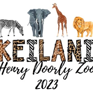 May include: A colorful graphic with the name "Keilani" spelled out in large letters with animal print patterns. The letters are surrounded by images of a zebra, elephant, giraffe, and lion. The text "Henry Doorly Zoo 2023" is below the name.