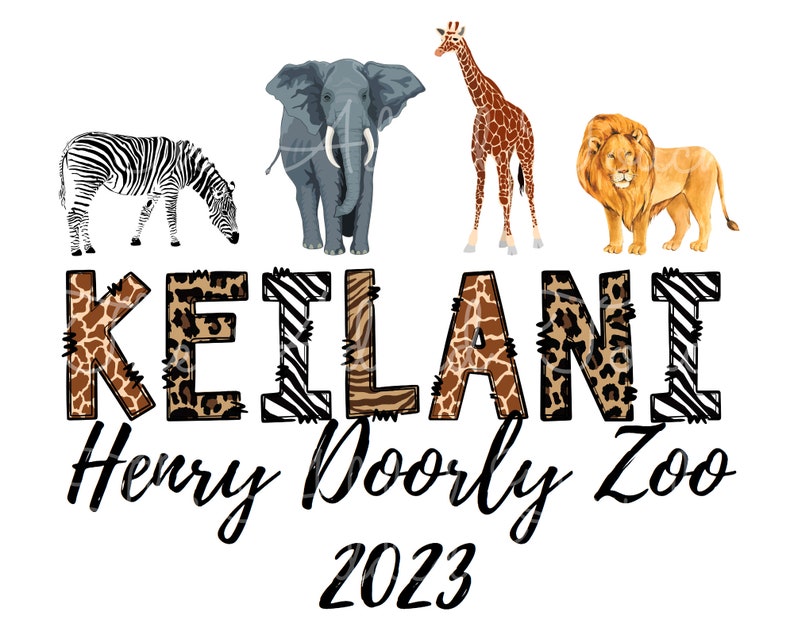 May include: A colorful graphic with the name "Keilani" spelled out in large letters with animal print patterns. The letters are surrounded by images of a zebra, elephant, giraffe, and lion. The text "Henry Doorly Zoo 2023" is below the name.