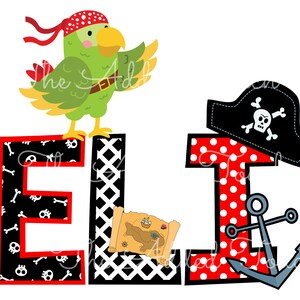 May include: A personalized name design with the letters "ELI" in black, red, and white. The letter "E" has a skull and crossbones pattern, the letter "L" has a black and white checkered pattern, and the letter "I" has a red and white polka dot pattern. A green parrot with a red bandana is perched on top of the letter "E". A treasure map is behind the letter "L". An anchor is next to the letter "I".