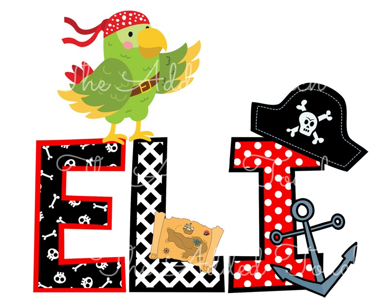 May include: A personalized name design with the letters "ELI" in black, red, and white. The letter "E" has a skull and crossbones pattern, the letter "L" has a black and white checkered pattern, and the letter "I" has a red and white polka dot pattern. A green parrot with a red bandana is perched on top of the letter "E". A treasure map is behind the letter "L". An anchor is next to the letter "I".