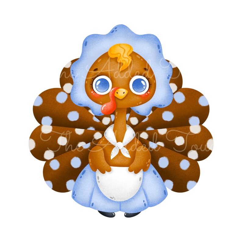 May include: A cartoon illustration of a turkey wearing a blue bonnet and dress, with a white apron. The turkey has brown feathers with blue polka dots and large blue eyes. The turkey's beak is yellow, and its wattle is red.