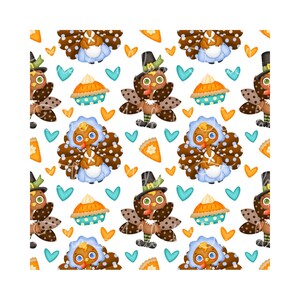 May include: Thanksgiving-themed pattern featuring cartoon turkeys in pilgrim hats and bonnets, with brown and white polka-dot feathers. The design includes pumpkin pie slices, teal hearts, and orange heart shapes on a white background.