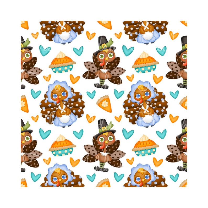 May include: Thanksgiving-themed pattern featuring cartoon turkeys in pilgrim hats and bonnets, with brown and white polka-dot feathers. The design includes pumpkin pie slices, teal hearts, and orange heart shapes on a white background.
