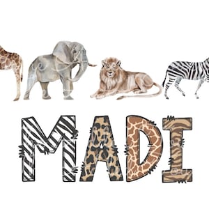 Nome personalizado para safári em zoológico, imagem digital com nome de zoológico por sublimação, nome personalizado para menino e menina, alfabeto de zoológico de animais selvagens PNG, download personalizado