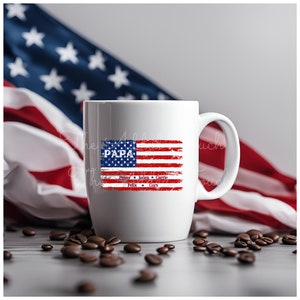 May include: White ceramic mug with a distressed American flag design. The flag is red, white, and blue with the word "PAPA" in blue at the top. Below the flag are the names "Finn, Jaden, Carlie, Felix, Cory" in blue.