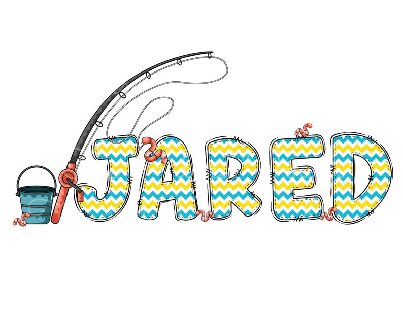 May include: A fishing-themed name banner with the name "JARED" in yellow and blue chevron fabric. The letters are stitched together with red thread. A red and white fishing rod with a blue bucket and red worms are included.