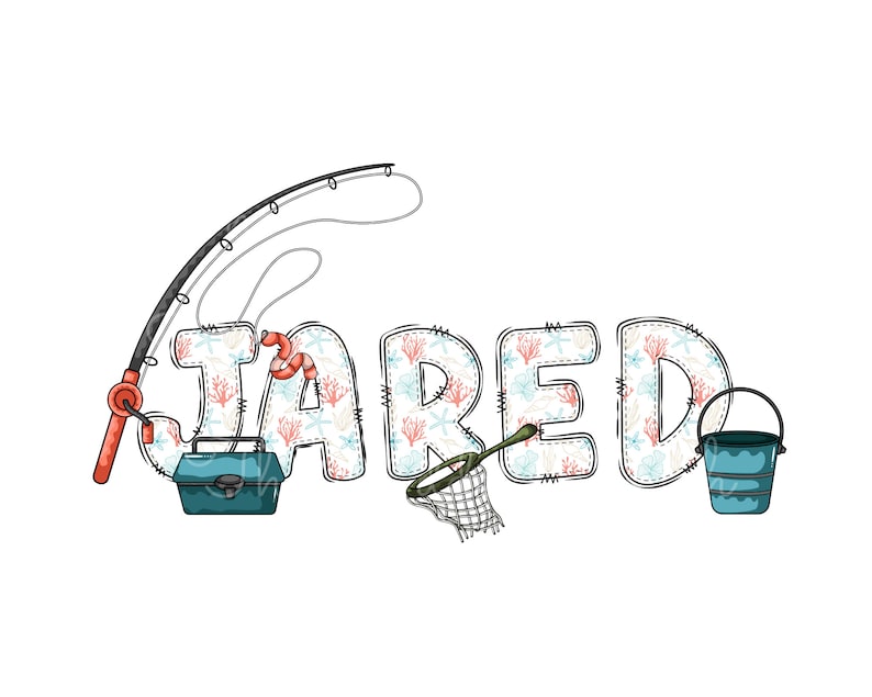 May include: The name JARED is spelled out in colourful letters with a nautical theme. The letters are decorated with coral, seashells, and starfish. A fishing rod, tackle box, fishing net, and bucket are included in the design.