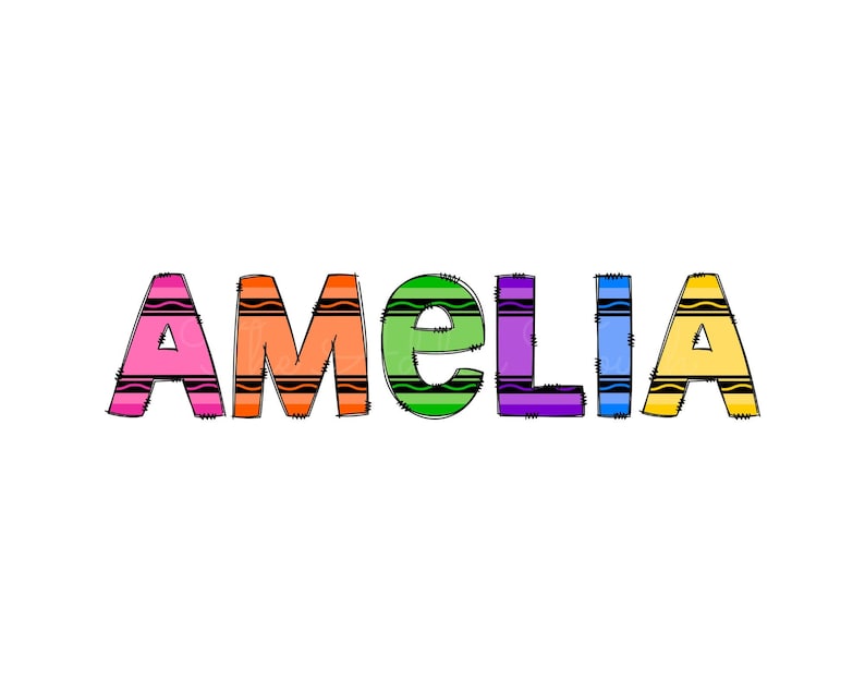 May include: The name Amelia is spelled out in colorful letters that look like crayons. Each letter is a different color, with black outlines and wavy lines inside.