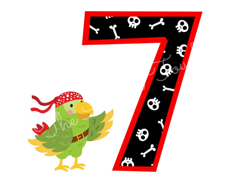 May include: A red and black number seven with a pirate skull and crossbones pattern. A green parrot with a red bandana is standing to the left of the number.