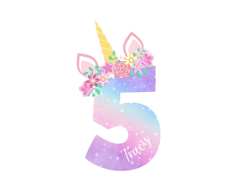 May include: A whimsical illustration of the number 5, designed as a unicorn. The number is a gradient of blue, purple, and pink with white stars. It features a golden horn, pink ears, and a floral crown. The name "Tracy" is written on the number.