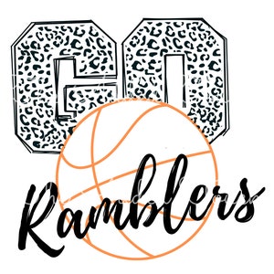 May include: Black and white leopard print graphic of the number "60" with an orange basketball and the word "Ramblers" in black cursive.