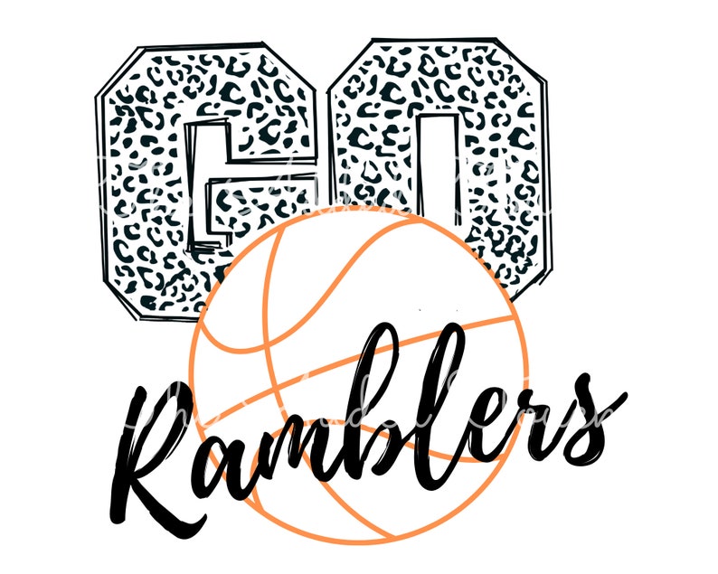 May include: Black and white leopard print graphic of the number "60" with an orange basketball and the word "Ramblers" in black cursive.