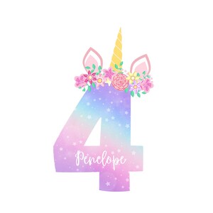 May include: A whimsical illustration of the number 4, designed as a unicorn. The number is a gradient of pastel colors with white stars. The unicorn has a yellow horn, pink ears, and a floral crown. The name "Penelope" is written in script.