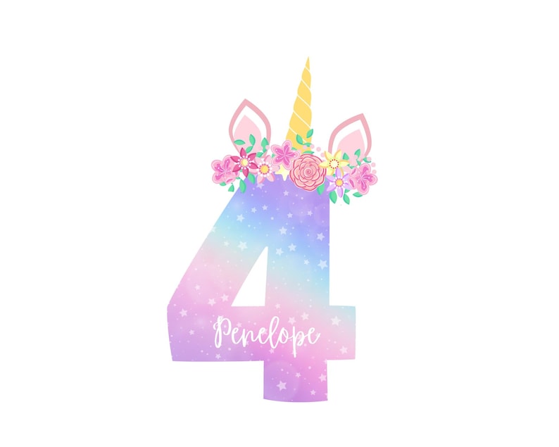 May include: A whimsical illustration of the number 4, designed as a unicorn. The number is a gradient of pastel colors with white stars. The unicorn has a yellow horn, pink ears, and a floral crown. The name "Penelope" is written in script.