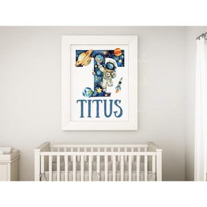 May include: A white framed print with a blue and black letter T filled with a space scene. An astronaut is holding a planet and a rocket is flying by. The name Titus is written in blue below the letter.