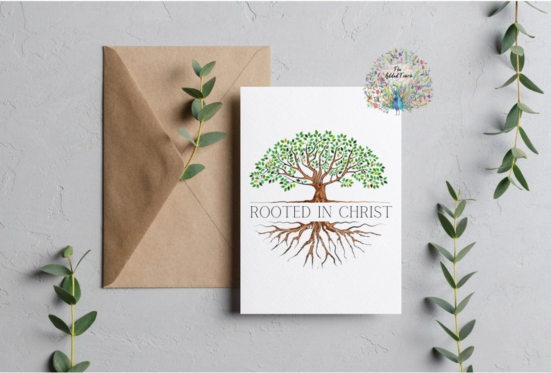 Peut inclure: Une carte blanche avec une illustration aquarelle d'un arbre vert aux racines brunes. Le texte "Rooted in Christ" est &eacute;crit en noir sous l'arbre.