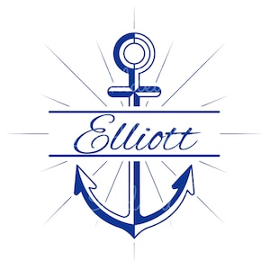 May include: A blue anchor with a sunburst design and the name "Elliott" in a banner.