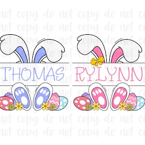 May include: Two Easter bunny themed personalized name signs with the names Thomas and Rylynn. The signs are white with a blue bunny for Thomas and a pink bunny for Rylynn. Each bunny has a bow, bunny ears, and feet with Easter eggs and flowers.