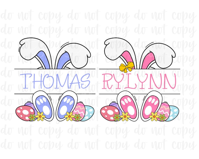 May include: Two Easter bunny themed personalized name signs with the names Thomas and Rylynn. The signs are white with a blue bunny for Thomas and a pink bunny for Rylynn. Each bunny has a bow, bunny ears, and feet with Easter eggs and flowers.