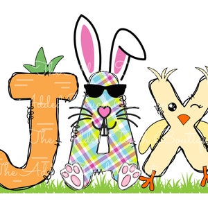 May include: A colorful Easter-themed design featuring the letters J, A, and X. The letter J is a carrot, the letter A is a bunny wearing sunglasses, and the letter X is a yellow chick.