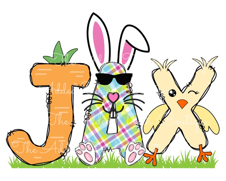 May include: A colorful Easter-themed design featuring the letters J, A, and X. The letter J is a carrot, the letter A is a bunny wearing sunglasses, and the letter X is a yellow chick.