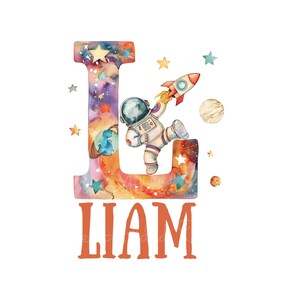 May include: A watercolor illustration of the letter L with a galaxy design. An astronaut is holding a rocket and flying through the galaxy. The name Liam is written below the letter.