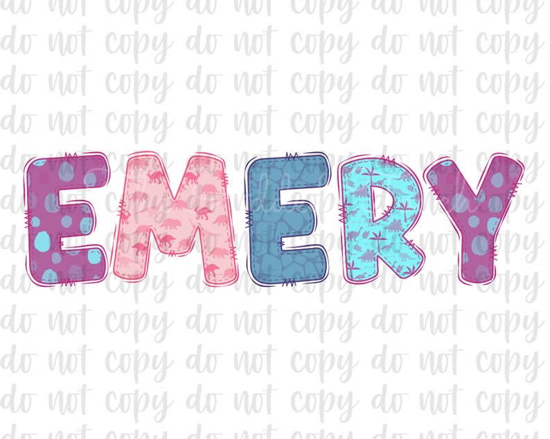 K&ouml;nnte beinhalten: Der Name "EMERY" ist in bunten, gemusterten Buchstaben geschrieben. Jeder Buchstabe hat eine andere Farbe und ein anderes Muster, darunter Punkte, Dinosaurier und ein blaues und wei&szlig;es geometrisches Muster.