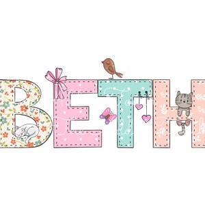 May include: A colorful patchwork design spelling out the name "BETH" with a small bird, butterfly, and cat illustrations.