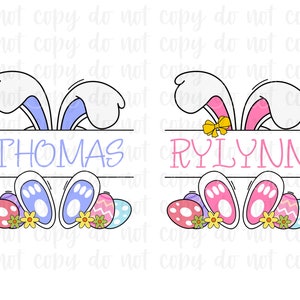 May include: Two Easter bunny themed designs with a name in the center. The first design is blue and purple with the name "THOMAS". The second design is pink with the name "RYLYNN".