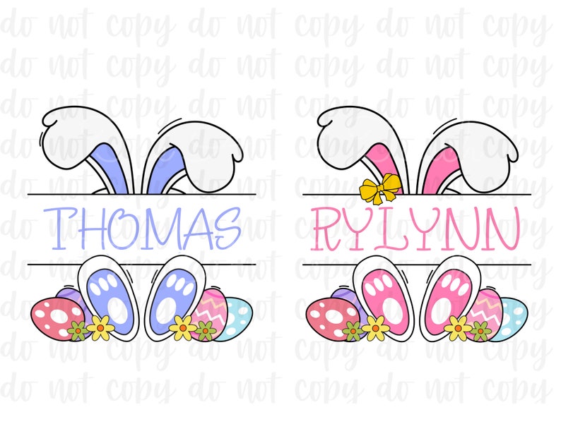 May include: Two Easter bunny themed designs with a name in the center. The first design is blue and purple with the name "THOMAS". The second design is pink with the name "RYLYNN".